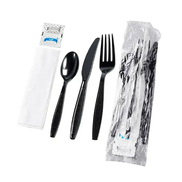 Picture of Black Heavy Weight Wrapped Polystyrene Plastic Cutlery Pack with Napkin and Salt and Pepper Packets -250/Case