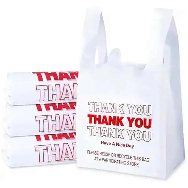Picture of 1/6 Standard Size White Thank You Standard-Duty Plastic T-Shirt Bag – 400/Case